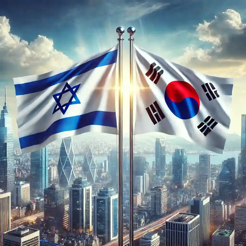 היחסים בין ישראל לדרום קוריאה: דיפלומטיה וכלכלה תמונה מציאותית הלוכדת את מהות היחסים הדיפלומטיים והכלכליים בין ישראל לדרום קוריאה. בתמונה נראים שני דגלים, אחד של ישראל ואחד של דרום קוריאה, עומדים זה לצד זה מול קו רקיע של עיר מודרנית. הדגלים מתנופפים בעדינות ברוח, עם שמיים כחולים בהירים וכמה עננים. הנוף העירוני כולל מבנים מודרניים המייצגים טכנולוגיה וקידמה, המשקפים את שיתוף הפעולה הכלכלי בין שתי המדינות. הצבעים חיים והטקסטורות חדות, מה שמעניק לתמונה אותנטיות וחיוניות.