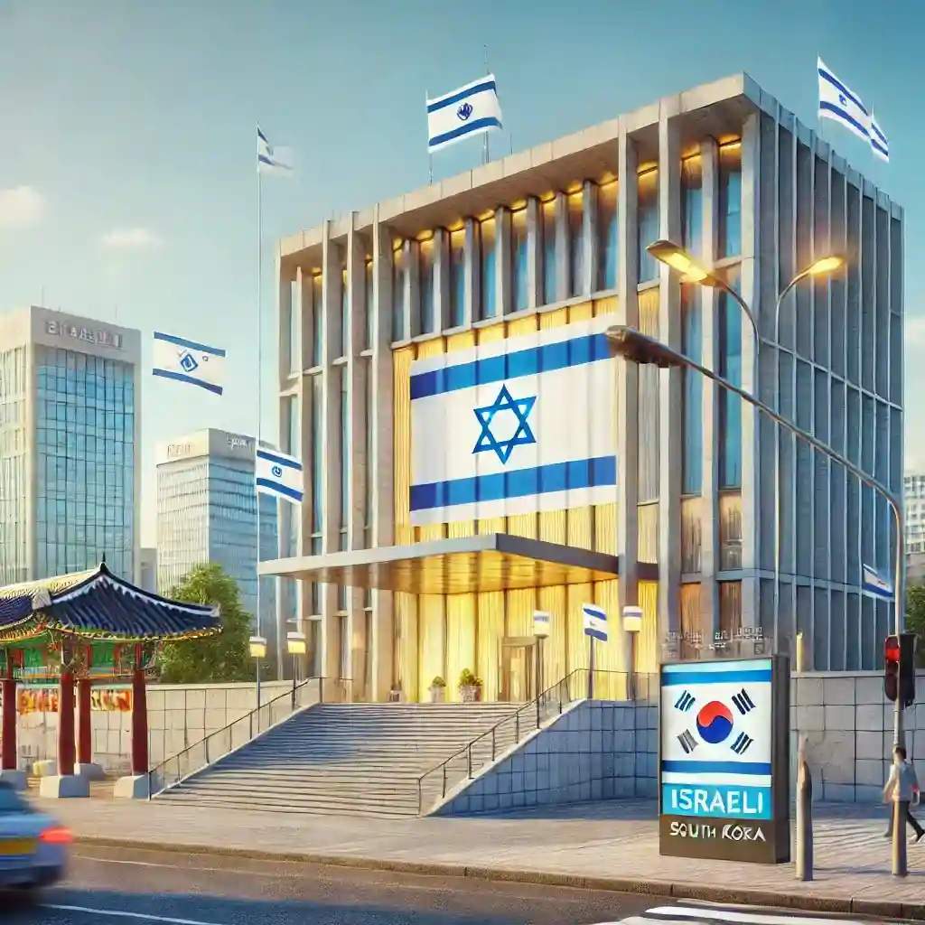 השגרירות הישראלית בדרום קוריאה: שירותים קונסולריים ומידע תמונה מציאותית של שגרירות ישראל בסיאול, דרום קוריאה, המציגה בניין מודרני עם דגל ישראל בולט בכניסה. הסביבה צריכה לכלול אלמנטים של אדריכלות או תרבות קוריאנית, כגון פנסים מסורתיים או שילוט בהאנגול. הצבעים צריכים להיות עזים, לתפוס את הניגוד בין האלמנטים הישראליים והקוריאנים, עם שמיים בהירים ואור שמש. אם אפשר, שלבו כמה אנשים שהולכים בקרבת מקום כדי להוסיף מגע אנושי.