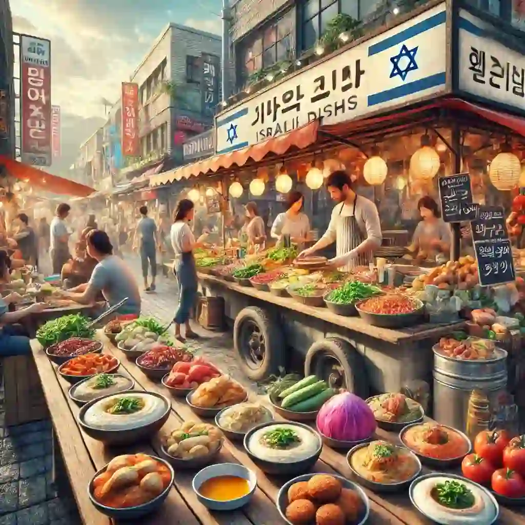 מנות ישראליות בדרום קוריאה: איפה למצוא אוכל ישראלי סצנה תוססת ואותנטית בשוק בסיאול, דרום קוריאה, הכוללת דוכן אוכל רחוב המציע מנות ישראליות כמו חומוס, פלאפל ופיתות. התפאורה כוללת דוכני שוק צבעוניים, חומרי גלם טריים ושילוב של לקוחות מקומיים ובינלאומיים שנהנים מהאוכל. התמונה צריכה ללכוד את המהות של המטבח הישראלי המשתלב בסביבת השוק הדרום קוריאני, עם טקסטורות מציאותיות וצבעים חיים. האווירה תוססת, אנשים מקיימים אינטראקציה ומתענגים על המנות.