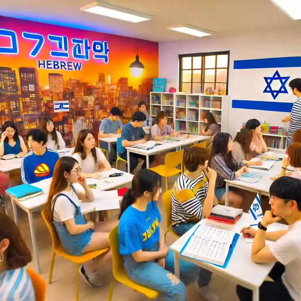 לימודי עברית בדרום קוריאה: קורסים ואירועים תרבותיים סצנה תוססת ומציאותית של קבוצת תלמידים מגוונת בכיתה מודרנית בדרום קוריאה, העוסקת בשיעור עברית. החדר מלא באור טבעי, כאשר התלמידים לומדים בקשב, חלקם רושמים, אחרים מתרגלים עברית על לוחות. הכיתה מעוטרת בדגלי ישראל ובאלפבית עברי על פוסטרים. התלמידים נראים ממוקדים ולהוטים, המייצגים שילוב של רקע קוריאני ובינלאומי. האווירה תוססת ומלאת אנרגיה אקדמית, כשהמורה מנחה אותם בשיעור בעברית. הסצנה אותנטית, עם צבעים מרהיבים ומרקמים ייחודיים, הלוכדת את המהות של חילופי תרבות ולימוד שפות.