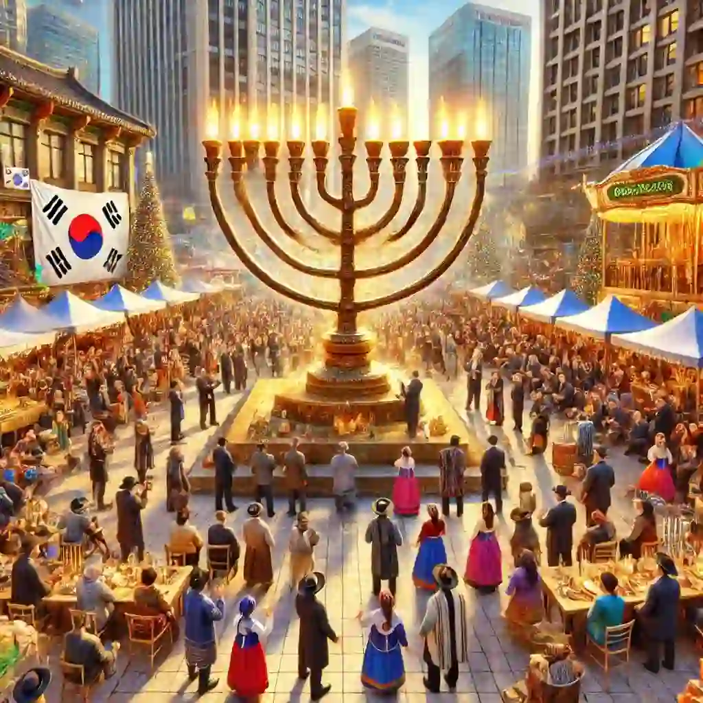אירועים יהודיים בדרום קוריאה: חגיגות ועצרות במהלך השנה תמונה מציאותית ותוססת של קהילה יהודית שמתכנסת בדרום קוריאה, חוגגת את חנוכה. הסצנה כוללת חנוכייה גדולה המודלקת בכיכר ציבורית, כאשר בחגיגה משתתפת קבוצה מגוונת של אנשים, מקומיים ותיירים. האווירה חגיגית עם עיטורים צבעוניים, לבוש יהודי מסורתי, ואדריכלות דרום קוריאנית מודרנית ברקע. התמונה לוכדת את האותנטיות והחיוניות של האירוע, עם צבעים מרהיבים ומרקמים ייחודיים המשקפים את השילוב התרבותי של מסורות יהודיות וסביבה דרום קוריאנית.