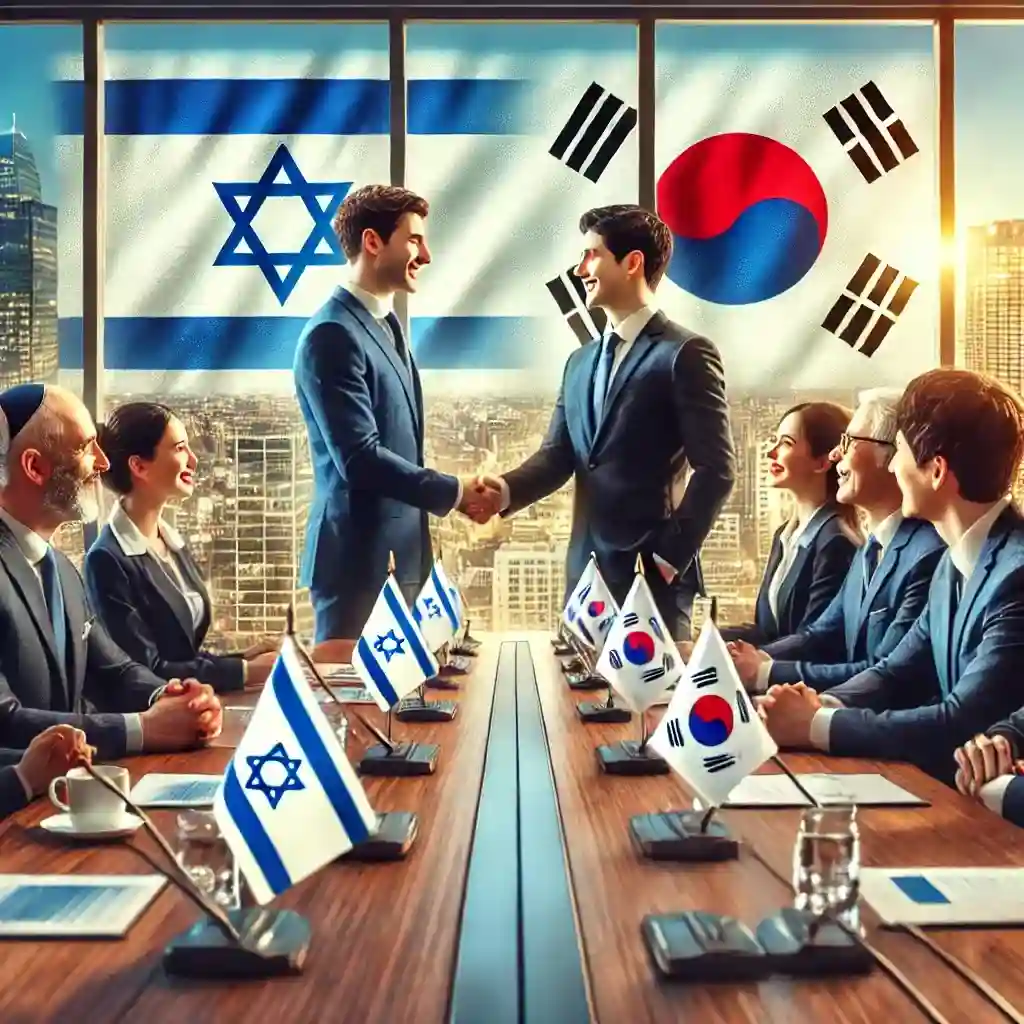 היחסים בין ישראל לדרום קוריאה: דיפלומטיה וכלכלה תמונה מציאותית של מפגש עסקי בין אנשי מקצוע ישראלים ודרום קוריאנים. הסצנה מתרחשת בחדר ישיבות מודרני עם חלונות גדולים המשקיפים על עיר. המשתתפים, לבושים בלבוש עסקי, לוחצים ידיים ומחייכים, המסמלים שיתוף פעולה כלכלי מוצלח בין ישראל לדרום קוריאה. הרקע כולל דגלים של שתי המדינות, והאווירה הכללית היא מקצועית ומשתפת. הצבעים חיים ולתמונה יש מראה ברור ואותנטי עם טקסטורות מפורטים.