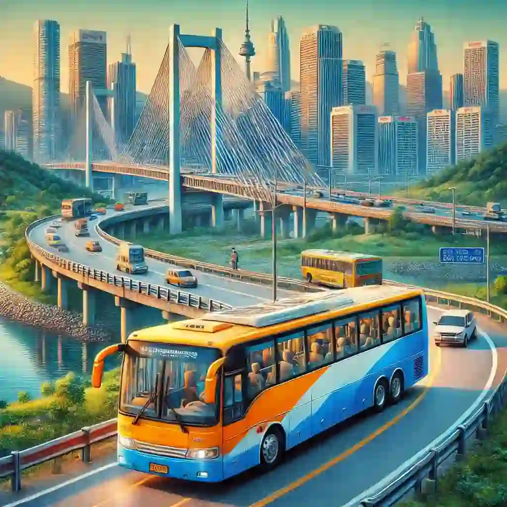 תחבורה בין עירונית בדרום קוריאה: איך לנסוע בין הערים סצנה מציאותית של אוטובוס בין עירוני בדרום קוריאה, עם צבעים מרהיבים וטקסטורות ייחודיות. האוטובוס מתואר נוסע על כביש מהיר עם רקע של נוף עירוני הכולל גורדי שחקים וגשרים. ניתן לראות כמה נוסעים עולים ויוצאים מהאוטובוס, ומוסיפים מגע אנושי לתמונה.